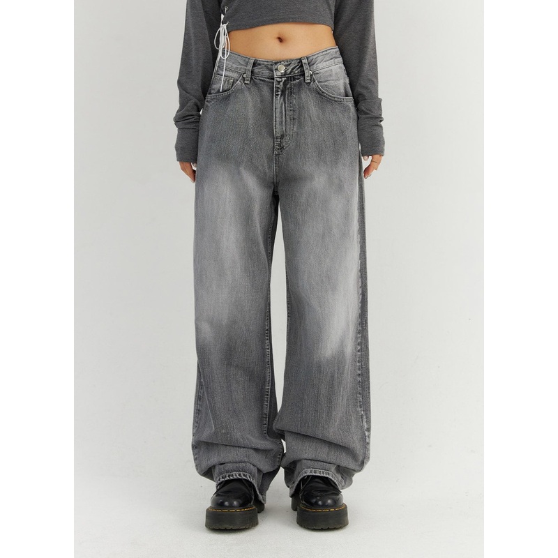 Grey Washed Wide Leg Jeans CO323 Gray S