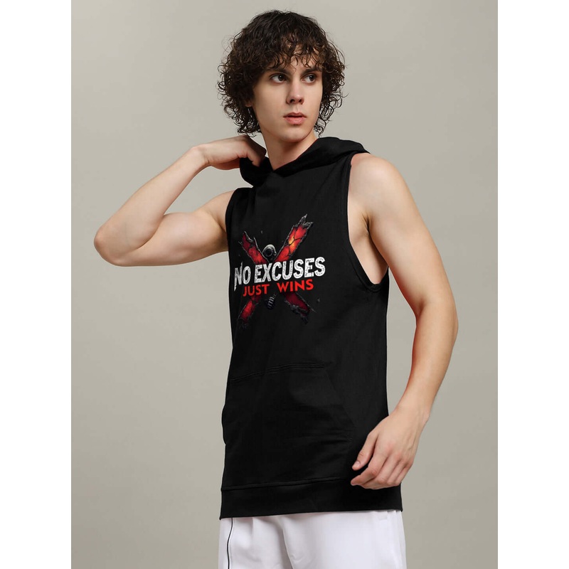 NO EXCUSES JUST WINS GYM HOODED T-SHIRT BLACK XS