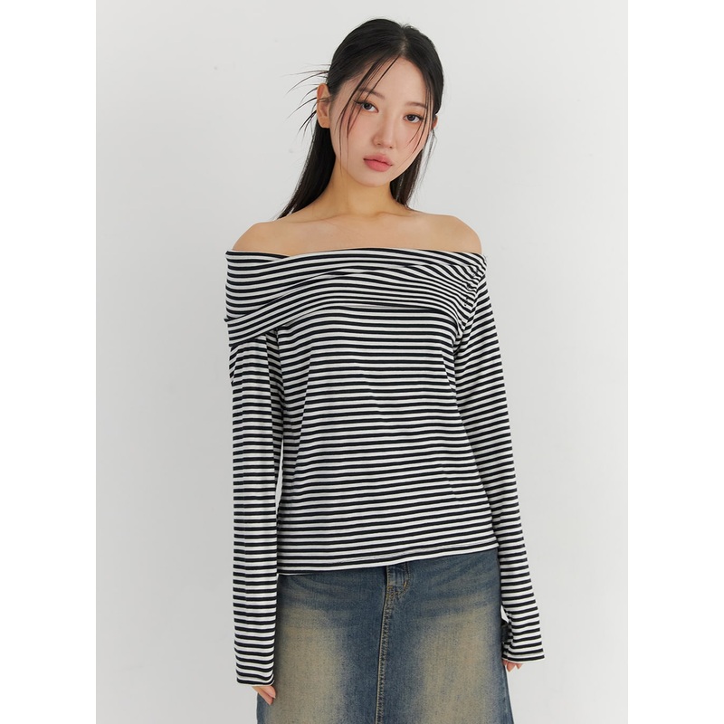 Off-Shoulder Stripe Long Sleeve Top CO324 White S/M