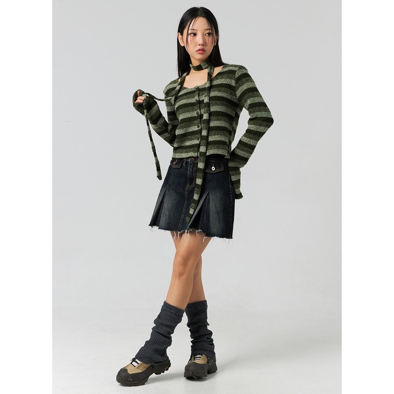 Pleated Raw-Hem Denim Mini Skirt CO323 Dark blue S