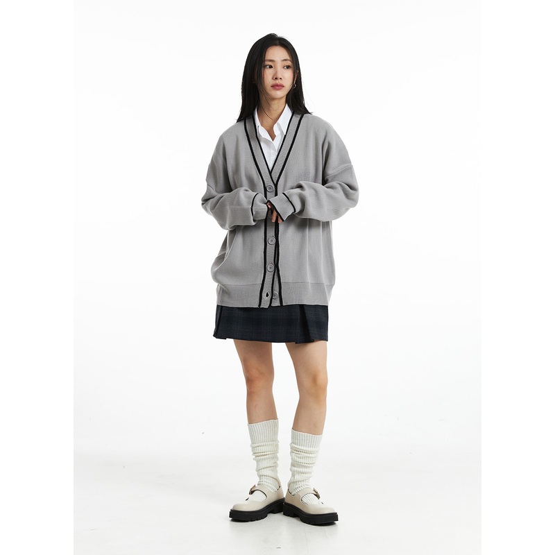 V-Neck Loose Fit Long Sleeve Cardigan OO323 Gray S/M