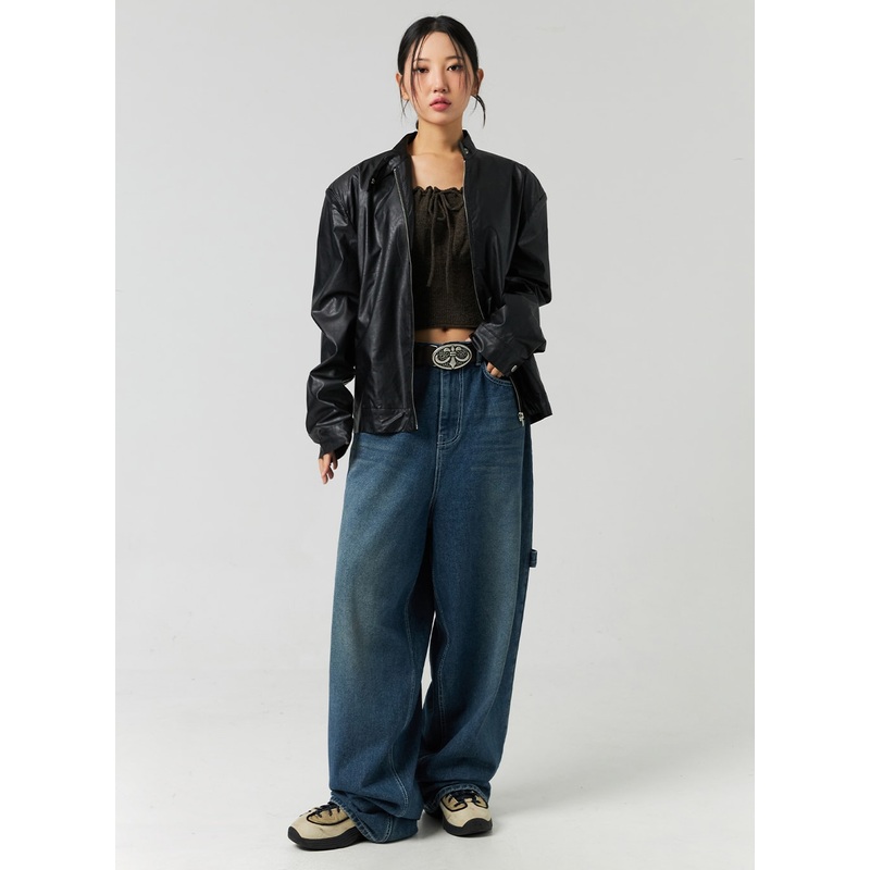 Washed Cotton Wide Leg Jeans CO323 Blue M