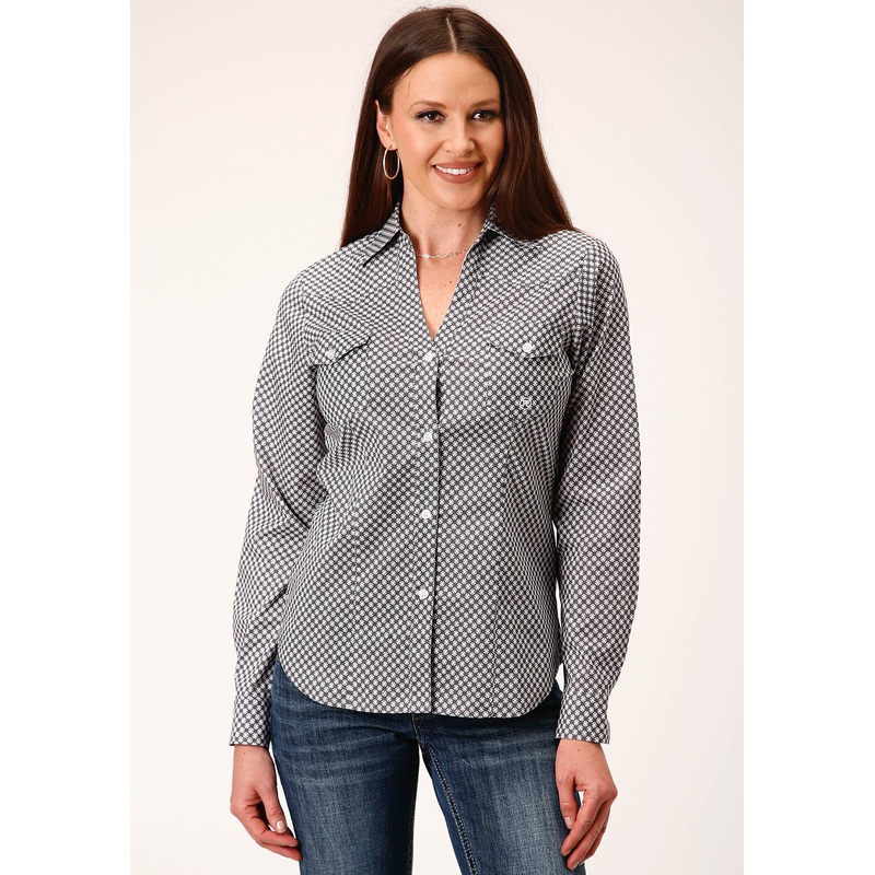 Womens Long Sleeve Button Diamond Star Geo  Grey Western Shirt XS