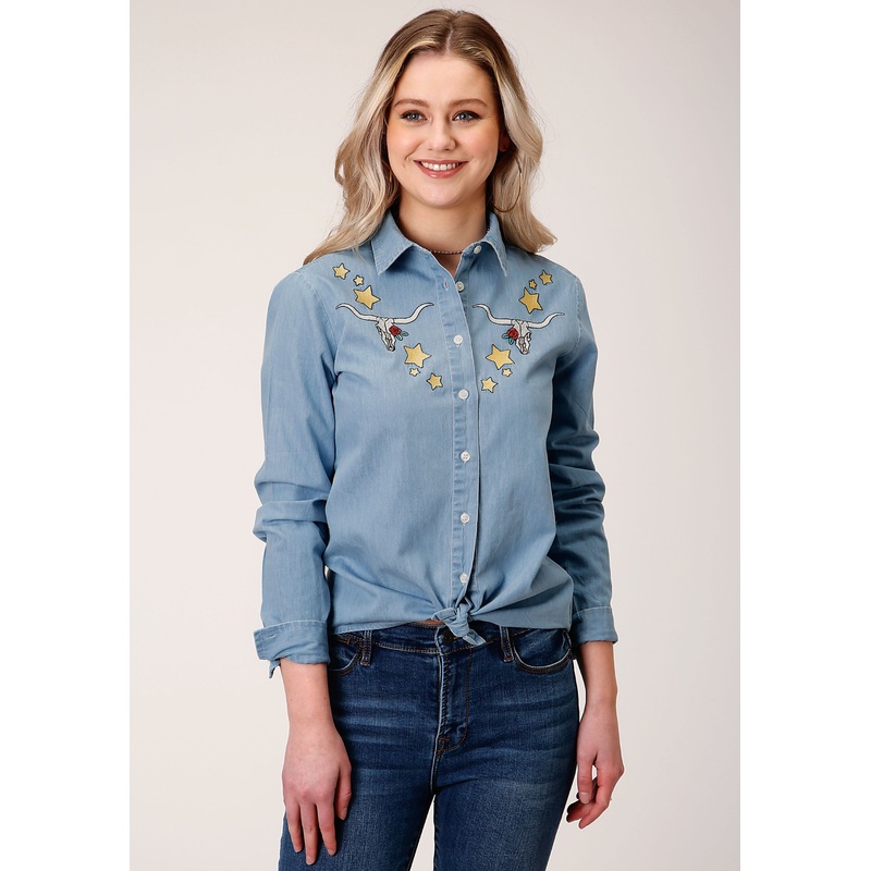 Womens Long Sleeve Button Light Blue Cotton Denim Western Shirt XS