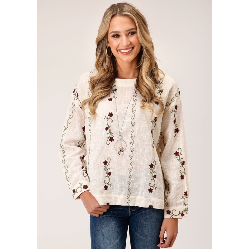 Womens Long Sleeve Cotton Slub Boat Neck  Blouse XS