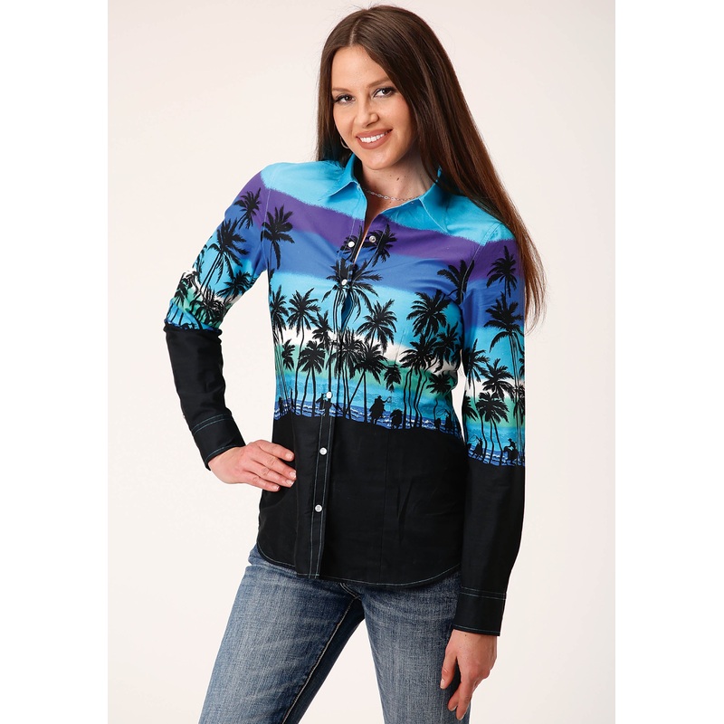 Womens Long Sleeve Snap Beach Roundup Border Western Shirt XS