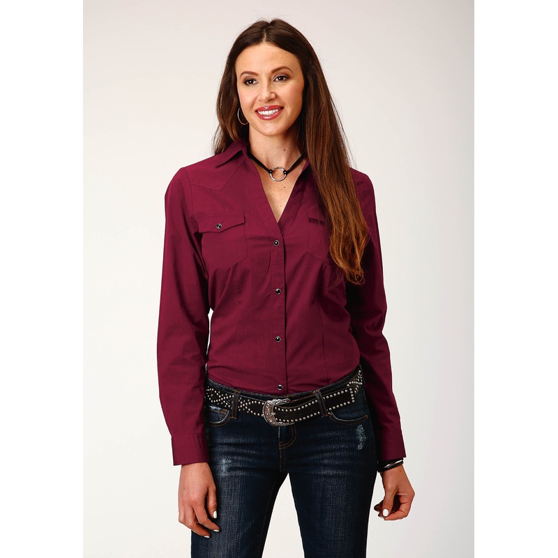 Womens Long Sleeve Snap Black Fill Solid  Wine Western Shirt XS