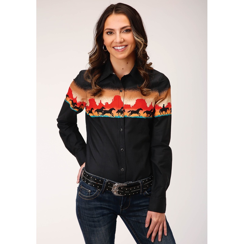 Womens Long Sleeve Snap Red Mesa Border  Scenic Western Shirt XS