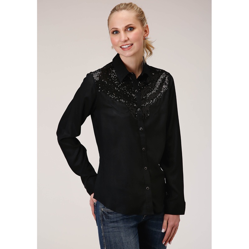 Womens Long Sleeve Solid Rayon Western Blouse XS