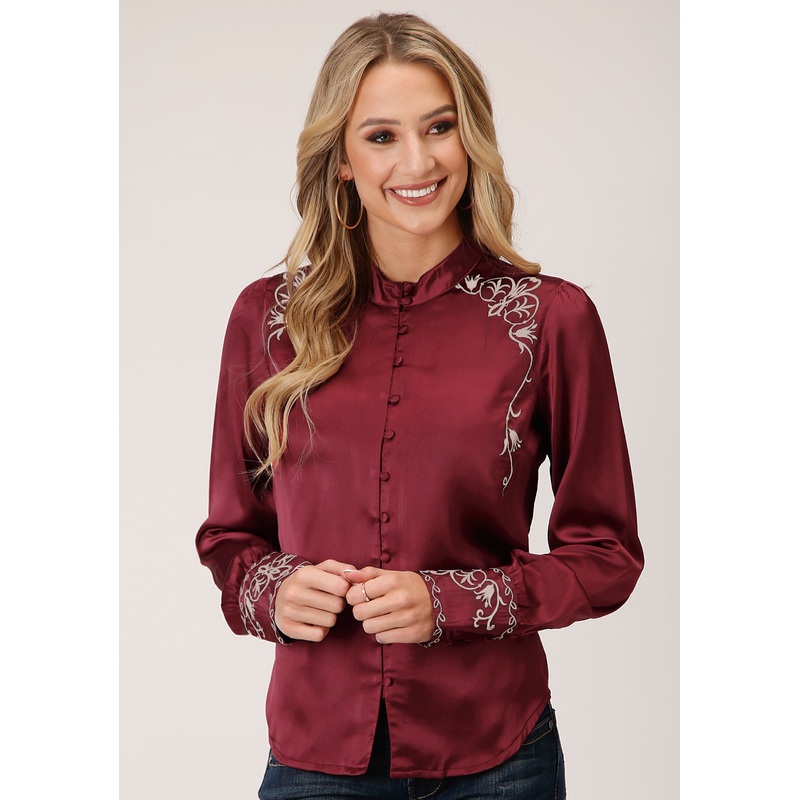 Womens Long Sleeve Wine Poly Satin Btn Frt  Blouse XS