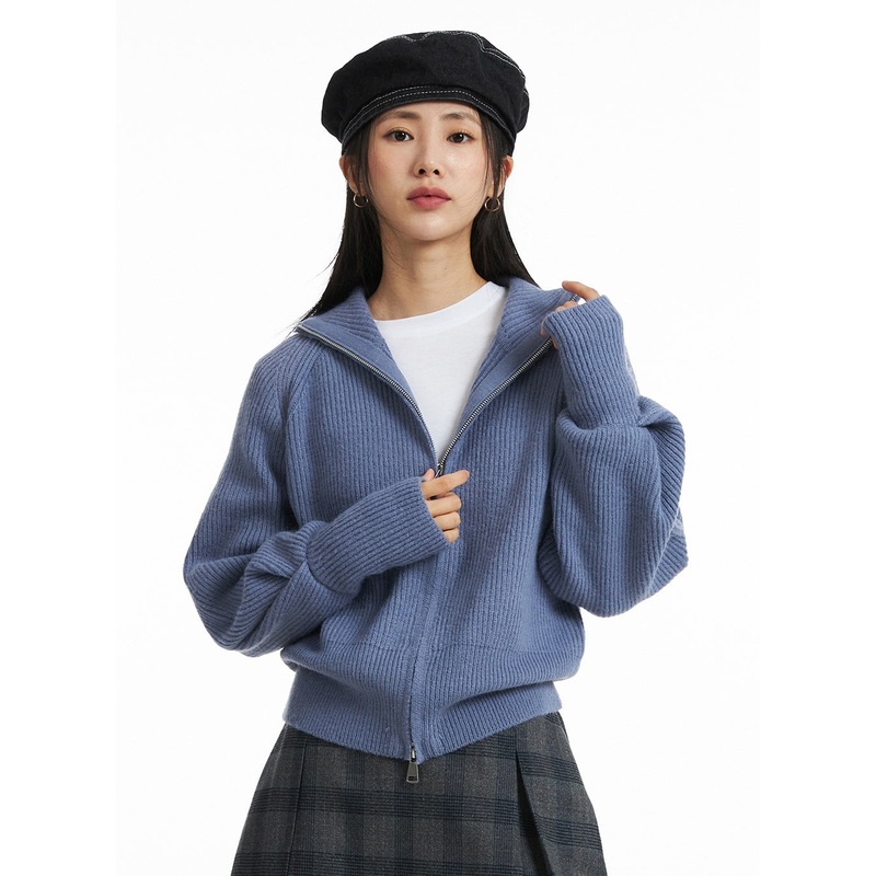 Zip-Up Ribbed Cardigan OO323 Light blue S/M