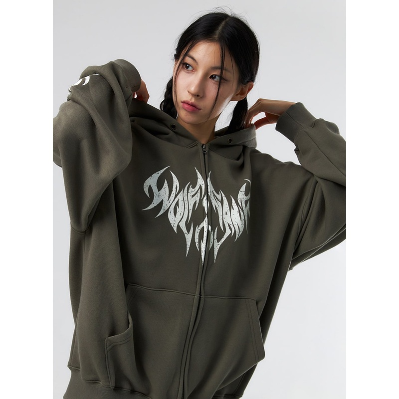 Grunge Graphic Zip-Up Hoodie IS322 Dark green M/L