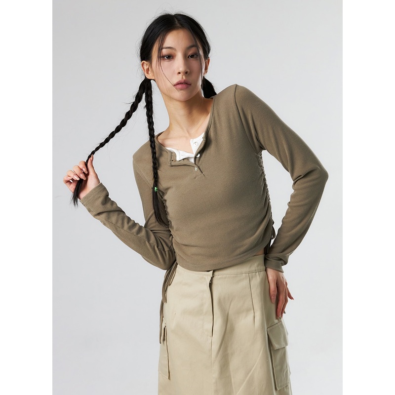 Ruched Long Sleeve Top IS327 Brown S/M