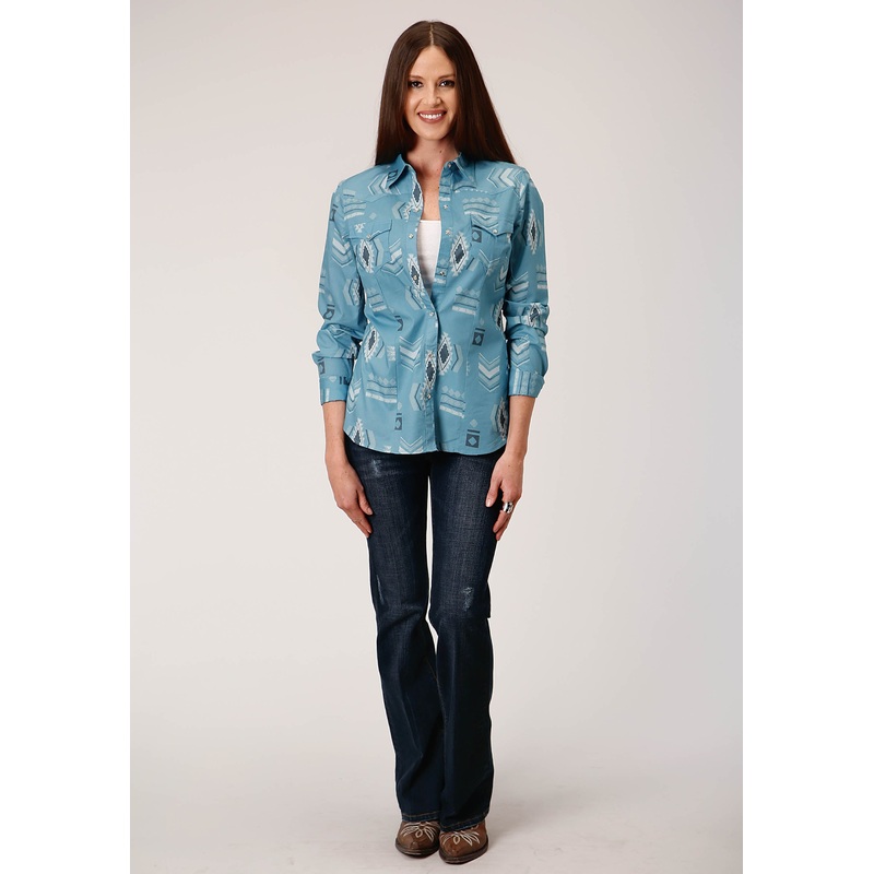 Womens Long Sleeve Snap Aztec Mash Up Western Shirt XS