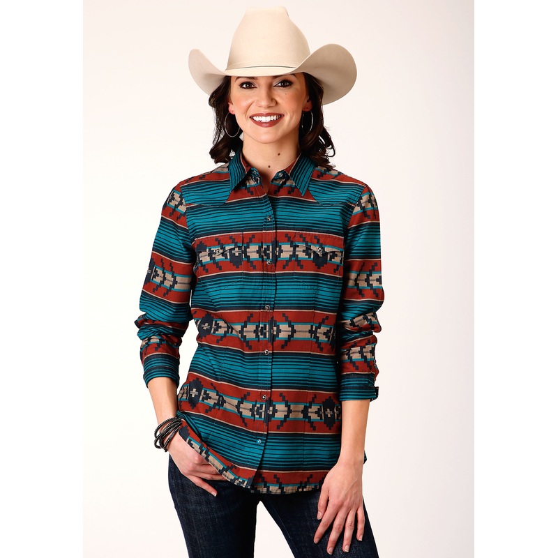 Womens Long Sleeve Snap Ombre Aztec Horizontal Stripe Western Shirt XS