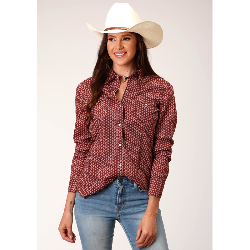 Womens Long Sleeve Snap Red Shadow Geo Western Shirt XS