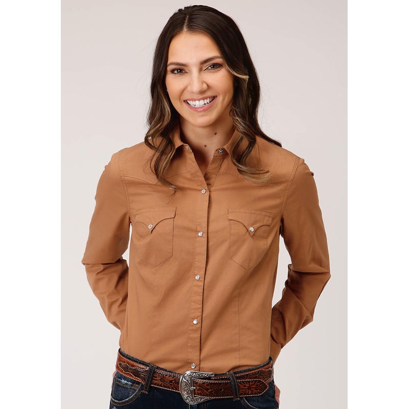 Womens Long Sleeve Snap Solid Poplin  Caramel Western Shirt XS