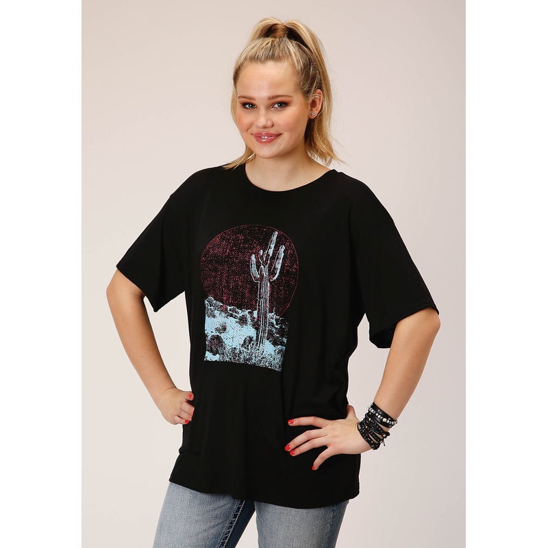 Womens Short Sleeve Knit Solid Black Poly Rayon Short Sleeve  Tee Top XS