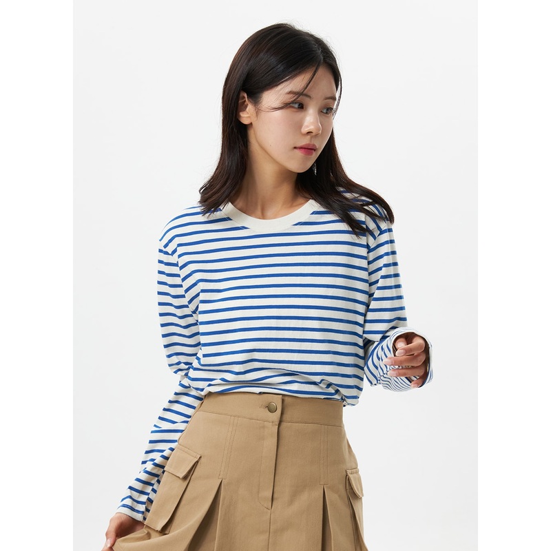 Stripe Cotton Long Sleeve Top OS321 Light beige S/M