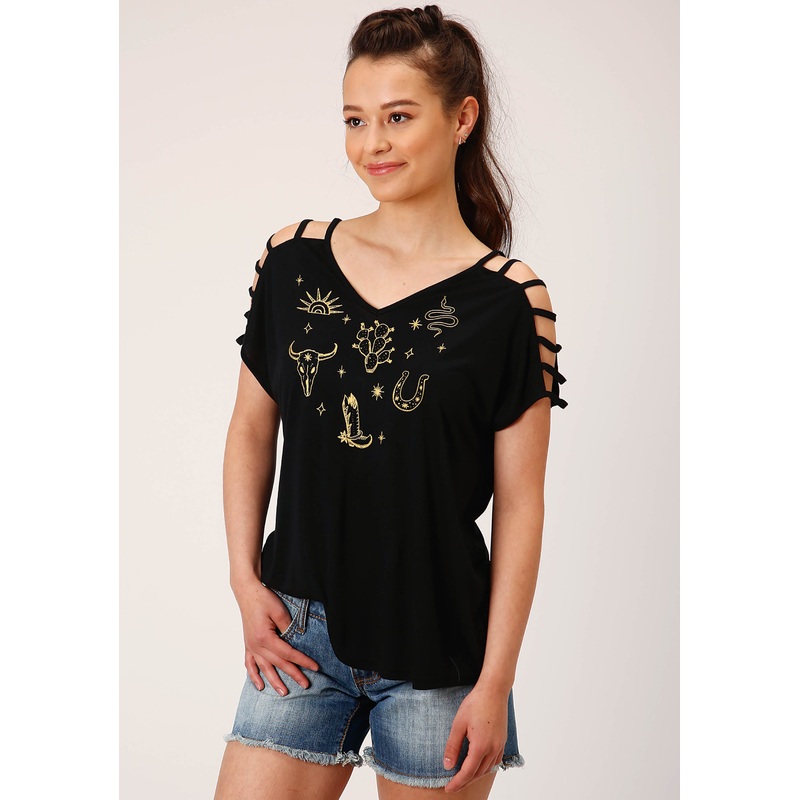 Womens Short Sleeve Knit Poly Rayon Jersey S S Cold Shoulder Tee Top XS