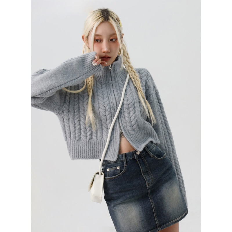 Cable Knit Zip-Up Sweater IS311 Light beige S/M