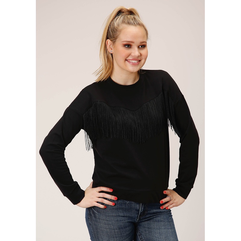 Womens Long Sleeve Knit Black French Terry  Top XS
