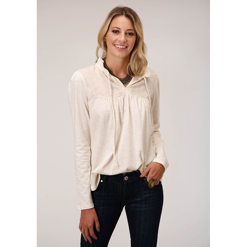 Womens Long Sleeve Knit Cream Slub Jersey Peasant Top XS