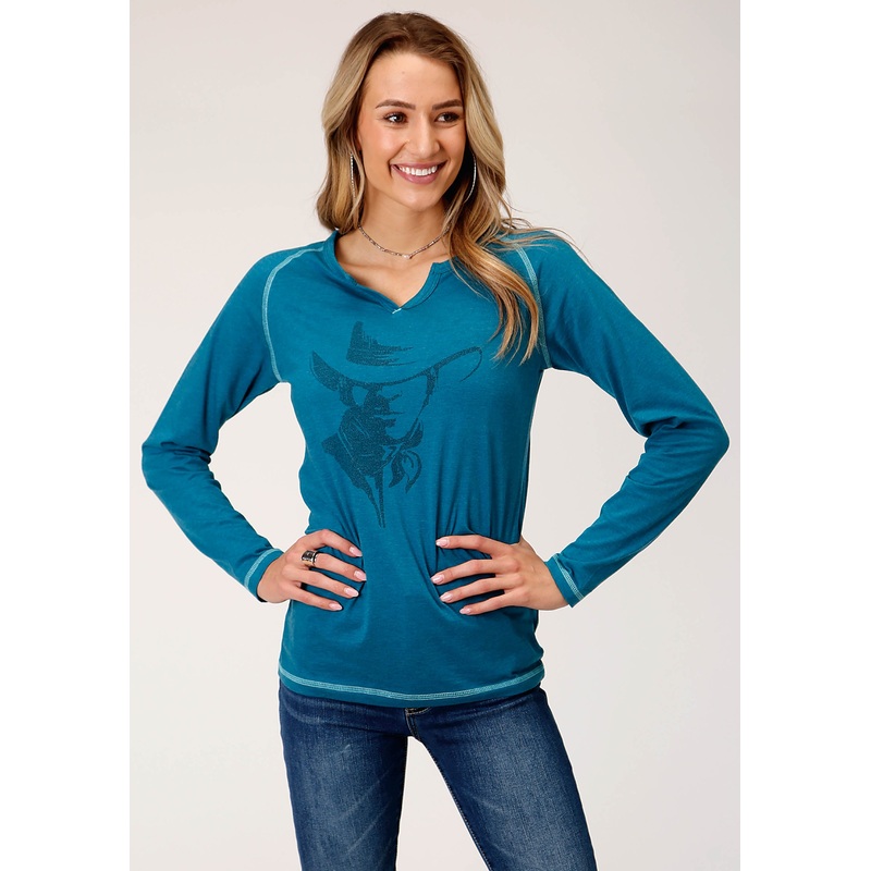 Womens Long Sleeve Knit Ctn Poly Long Sleeve Heathered Turquoise Top S