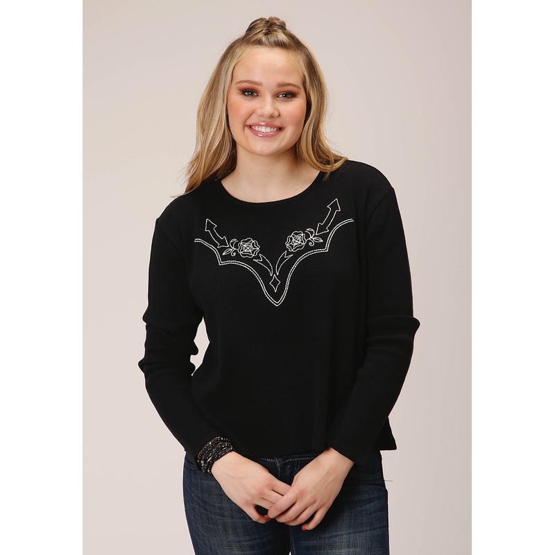 Womens Long Sleeve Knit Jet Black Waffle Slub Top XS