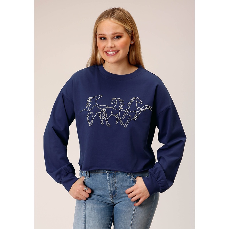 Womens Long Sleeve Knit Navy Blue French Terry Top XS