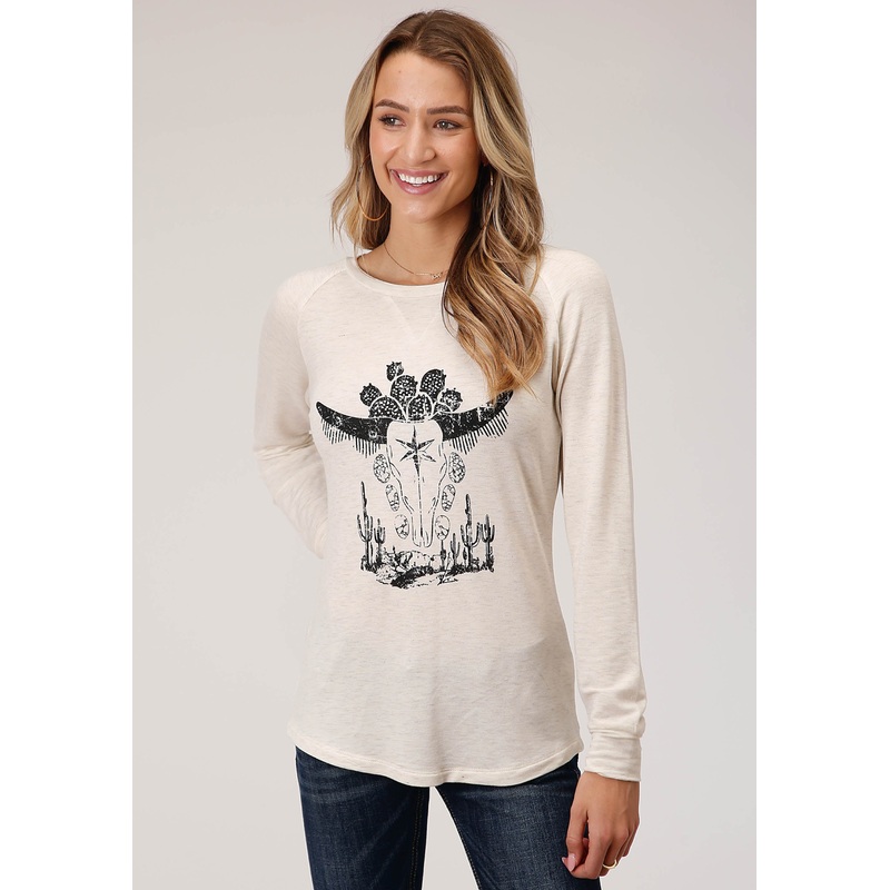 Womens Long Sleeve Knit Oatmeal Heathred Long Sleeve Knit Top S