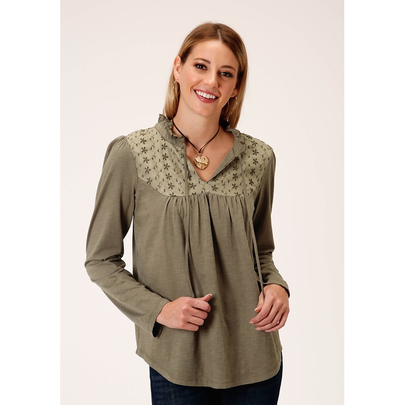 Womens Long Sleeve Knit Slub Jersey Peasant Top XS