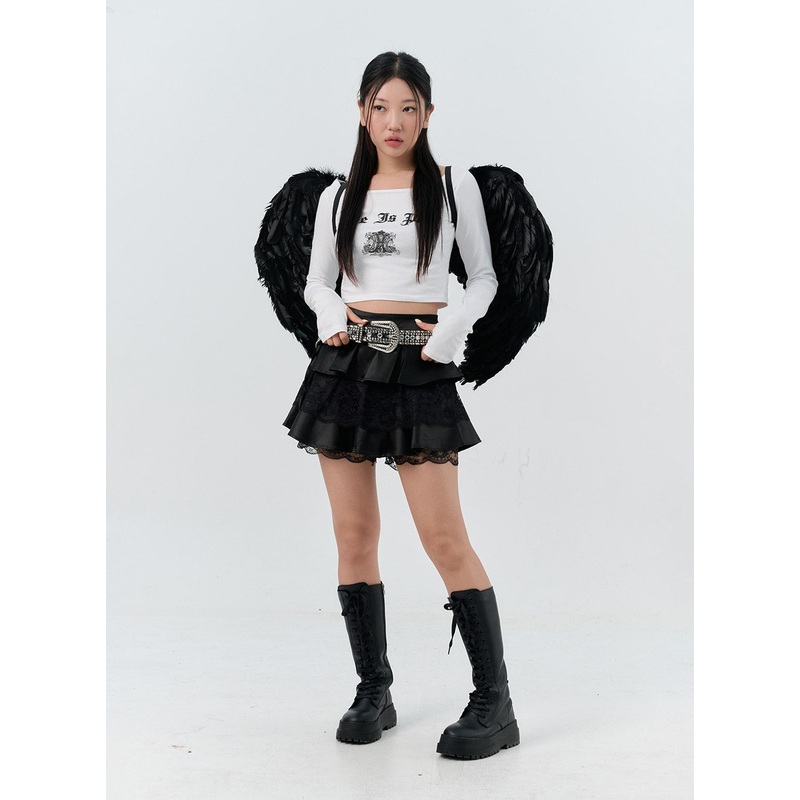 Frilly Lace Tiered Mini Skirt IS306 Black S/M