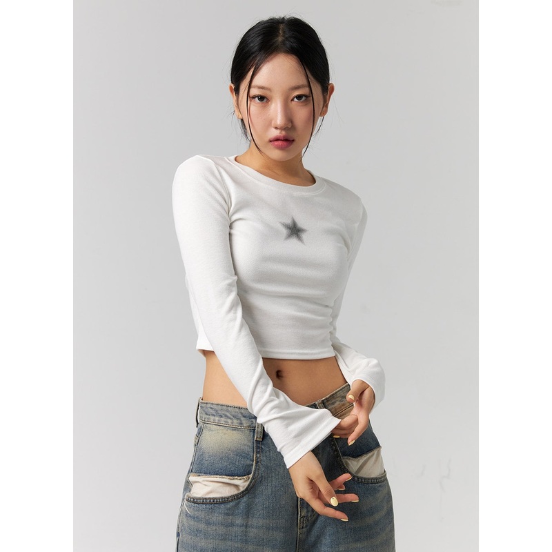 Star Graphic Long Sleeve Slim Fit Tee CG315 White S/M