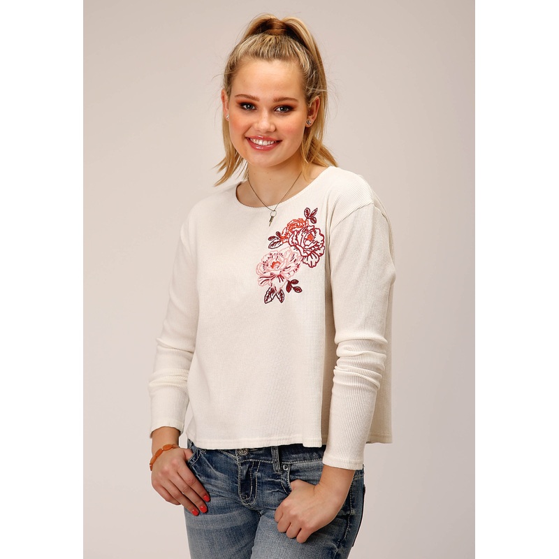 Womens Long Sleeve Knit Cream Waffle Slub Top XS