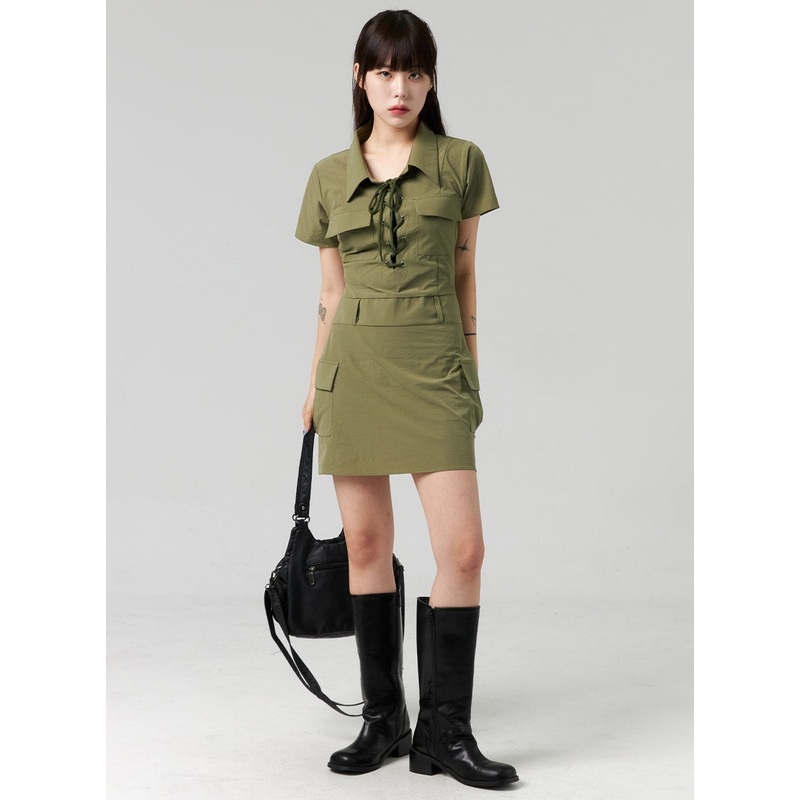 Lace-Up Mini Dress CL321 Dark green S/M
