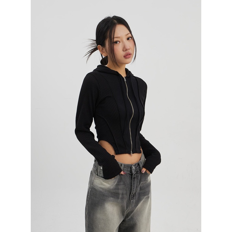 Ribbed Cropped Zip-Up Hoodie CJ330 White S/M