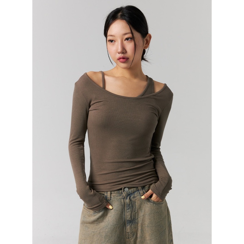 Ribbed Layered Cami and Long Sleeve Top CG316 Brown S/M