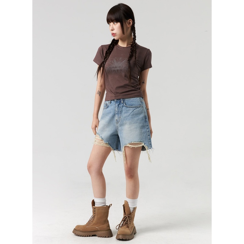 Ripped Hem Wide Leg Shorts CL327 Light blue S