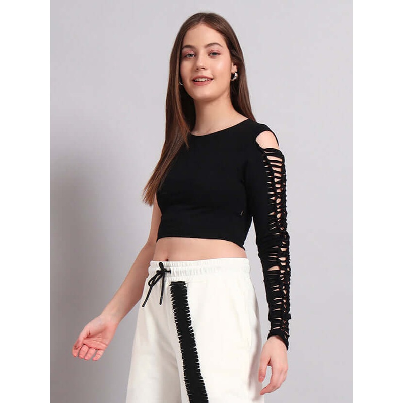 WOMENS FRAYED DESIGNER TOP BLACK XS