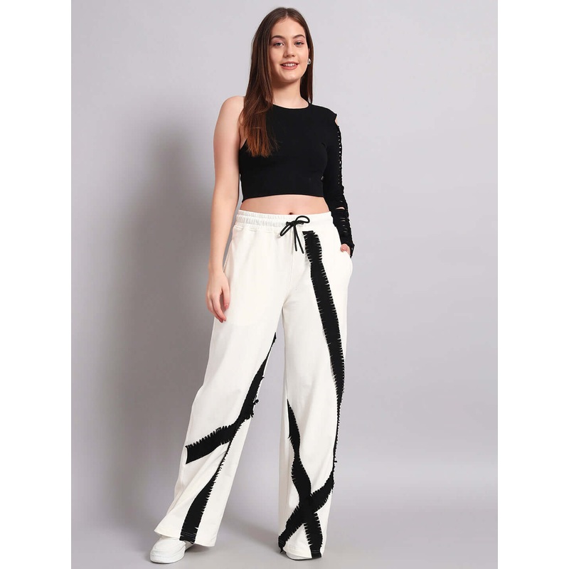 WOMENS FRAYED TEXTURED STRIPES CO-ORD SET OFF WHITE-BLACK XS