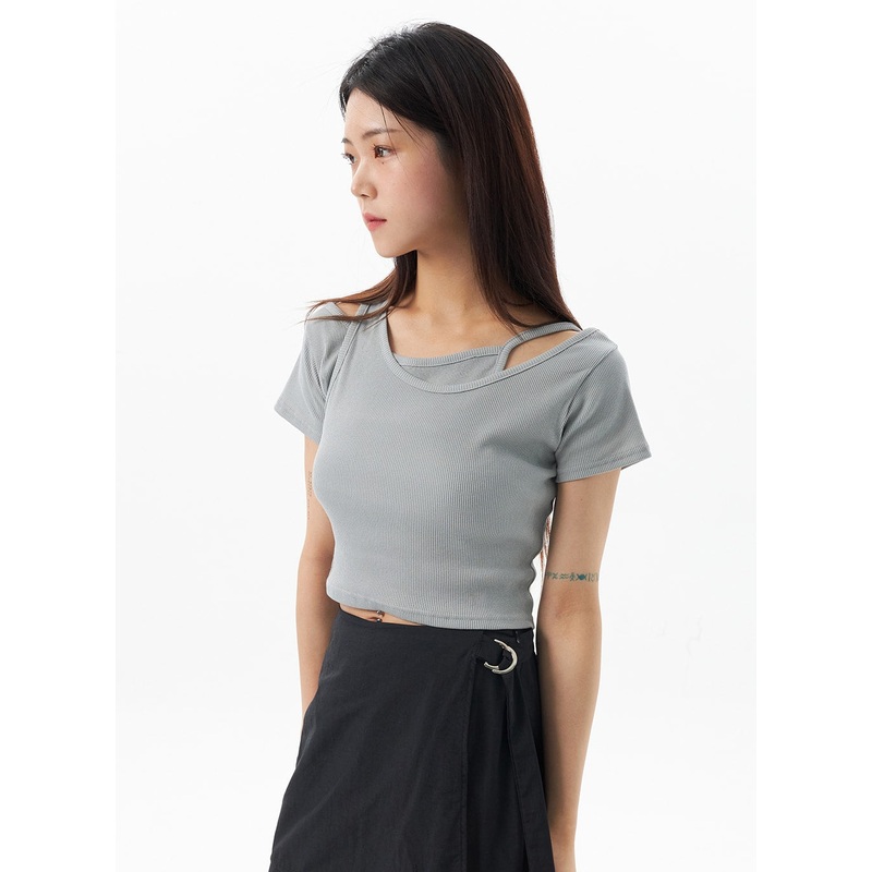 Layered Cropped Tee OU319 White S/M