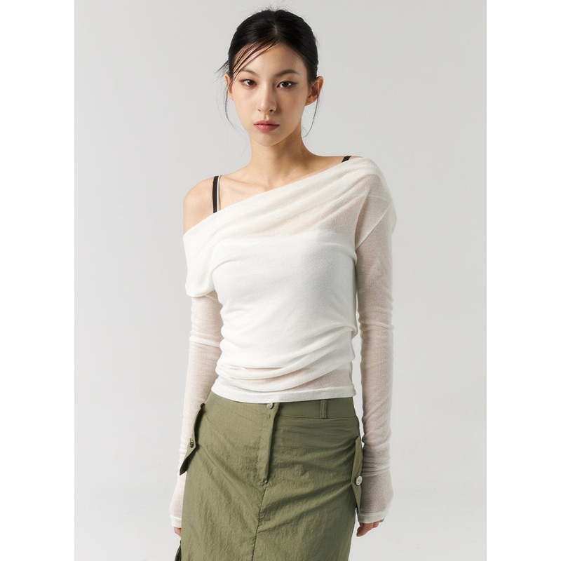 Off-Shoulder Mesh Top CU320 Light beige S/M