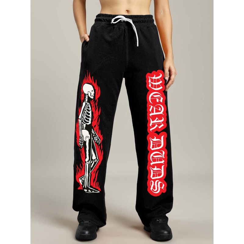 WOMENS FLAMING SKELETON PRINTED RELAXED FIT JOGGER BLACK XS