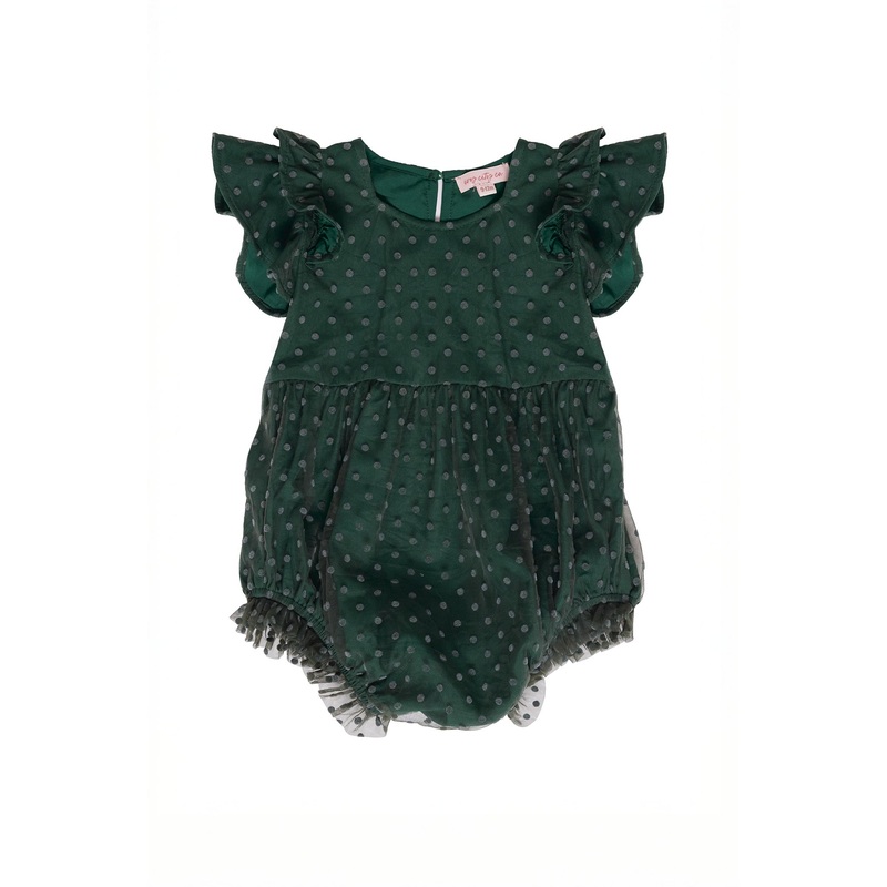 Baby Hattie Romper in Green Flocked Dot Tulle 0-3M