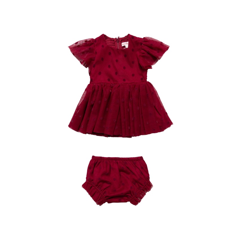 Baby Solange Dress Set in Burgundy Tulle 0-3M