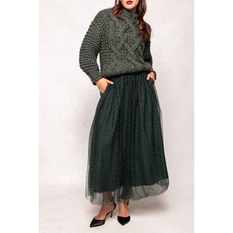 Brigitte Skirt in Emerald Flocked Dot Tulle XXS