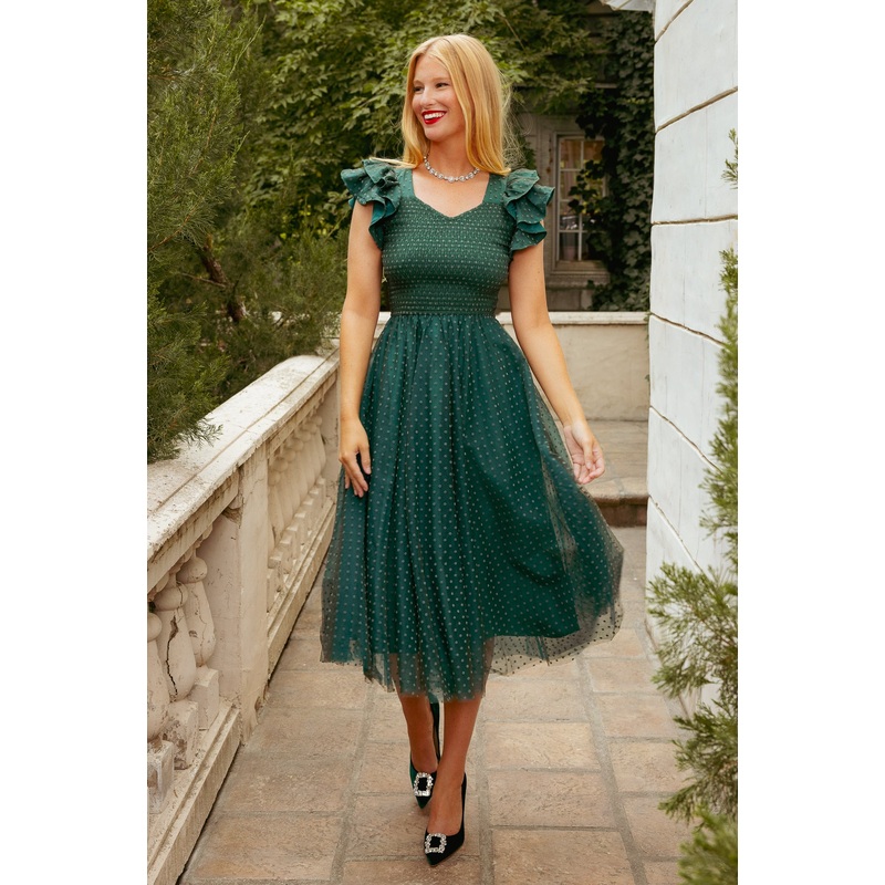 Hattie Dress in Green Flocked Dot Tulle XXS