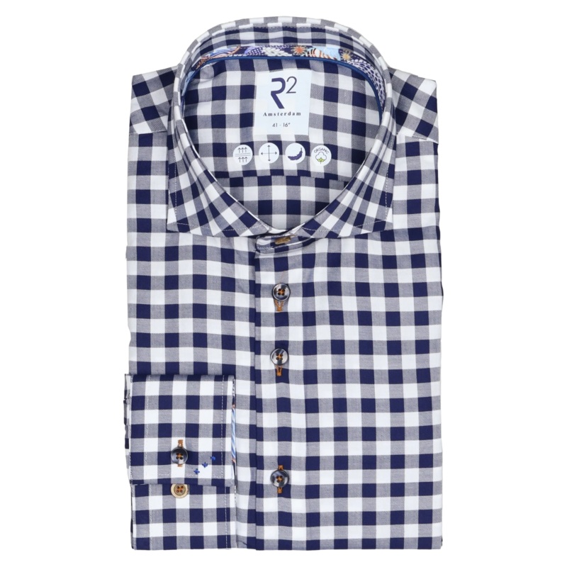 R2 Amsterdam Large Gingham Long Sleeve Shirt Navy 15.5