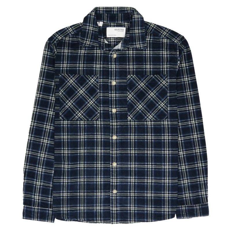 Selected Finn Long Sleeve Cord Overshirt Dark Sapphire Checks Small